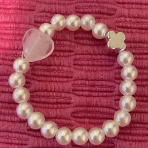 Pearl faux bracelet w/ precious stone heart-cross
